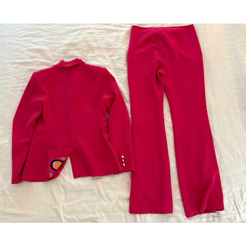 Trina Turk Pink Power Suit Blazer Wide Leg Flare Pant Set Gold Button Retro Mod - Picture 5 of 15